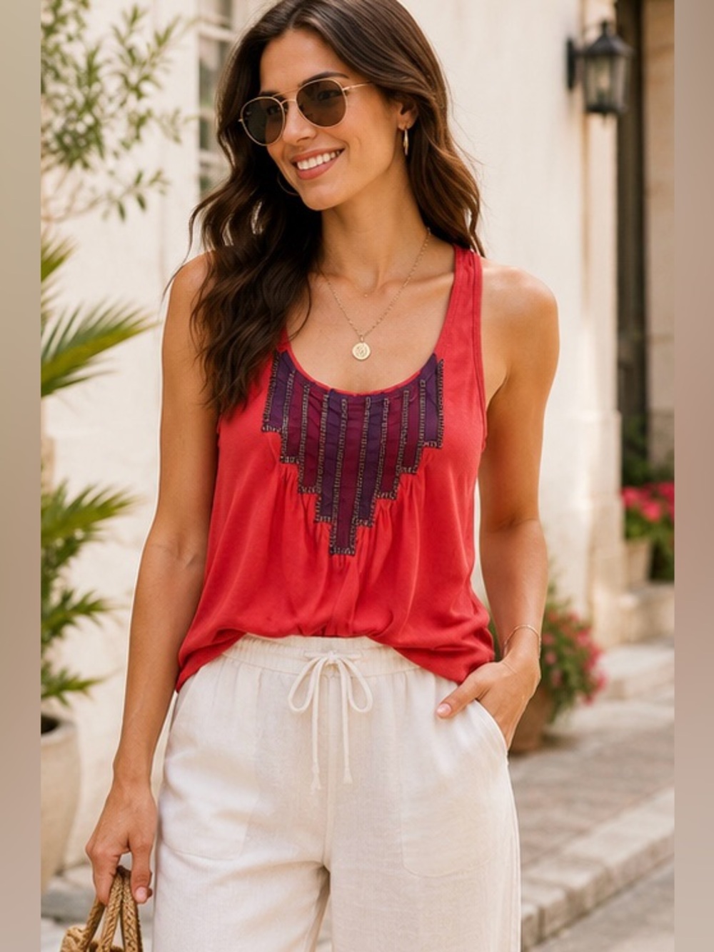 (Anthropologie) Staring at Stars Coral Beaded Racerback Tank— Size S